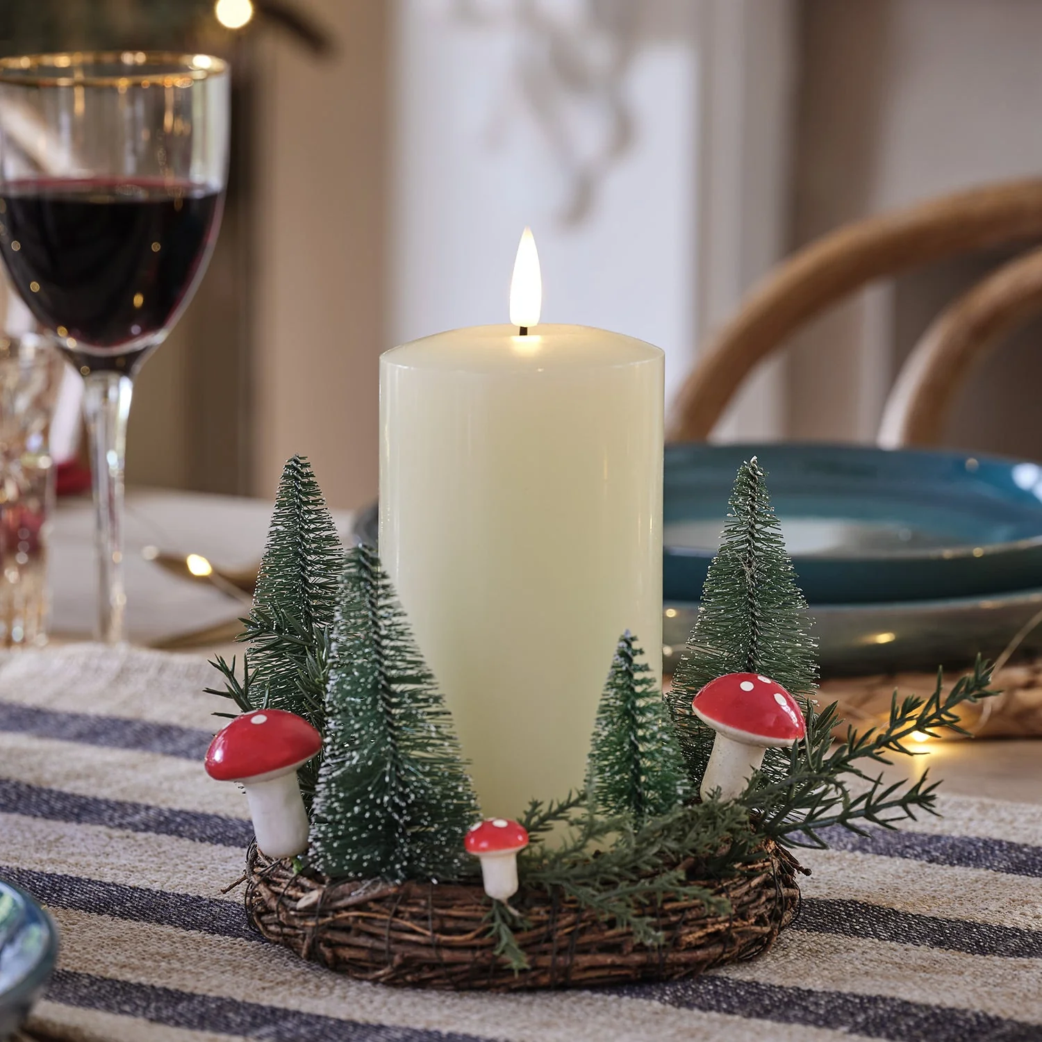 14cm Winter Mushroom and Rattan Candle Holder & Truglow® LED Candle