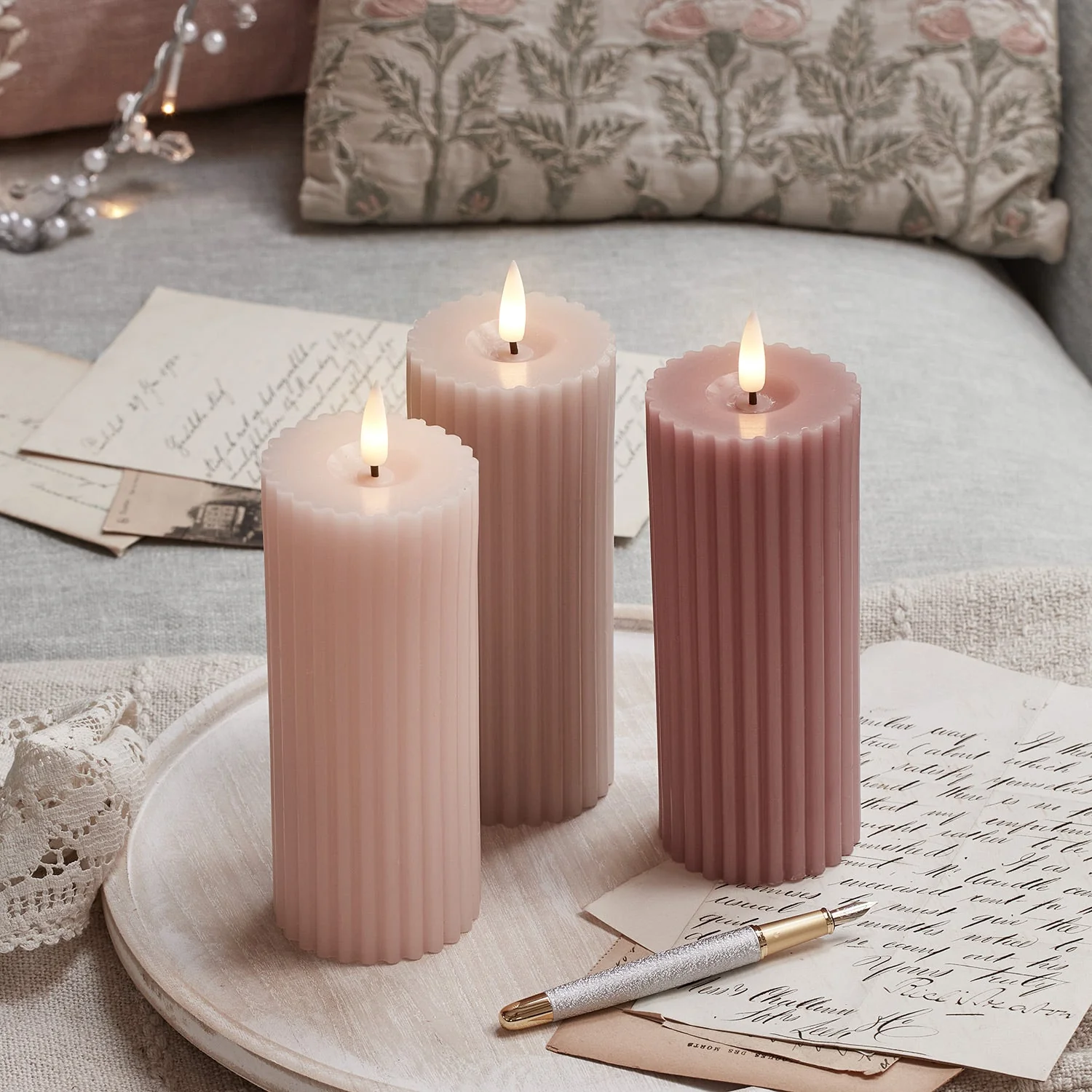 3 Fluted Blush Pink TruGlow® Slim Pillar LED Candles