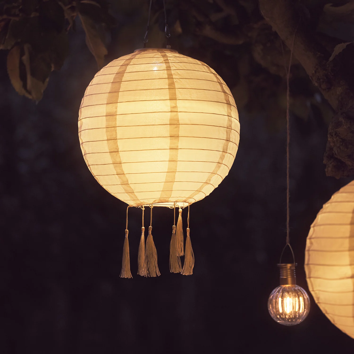 30cm Cream Lucena Tassel Solar Lantern - Image 6