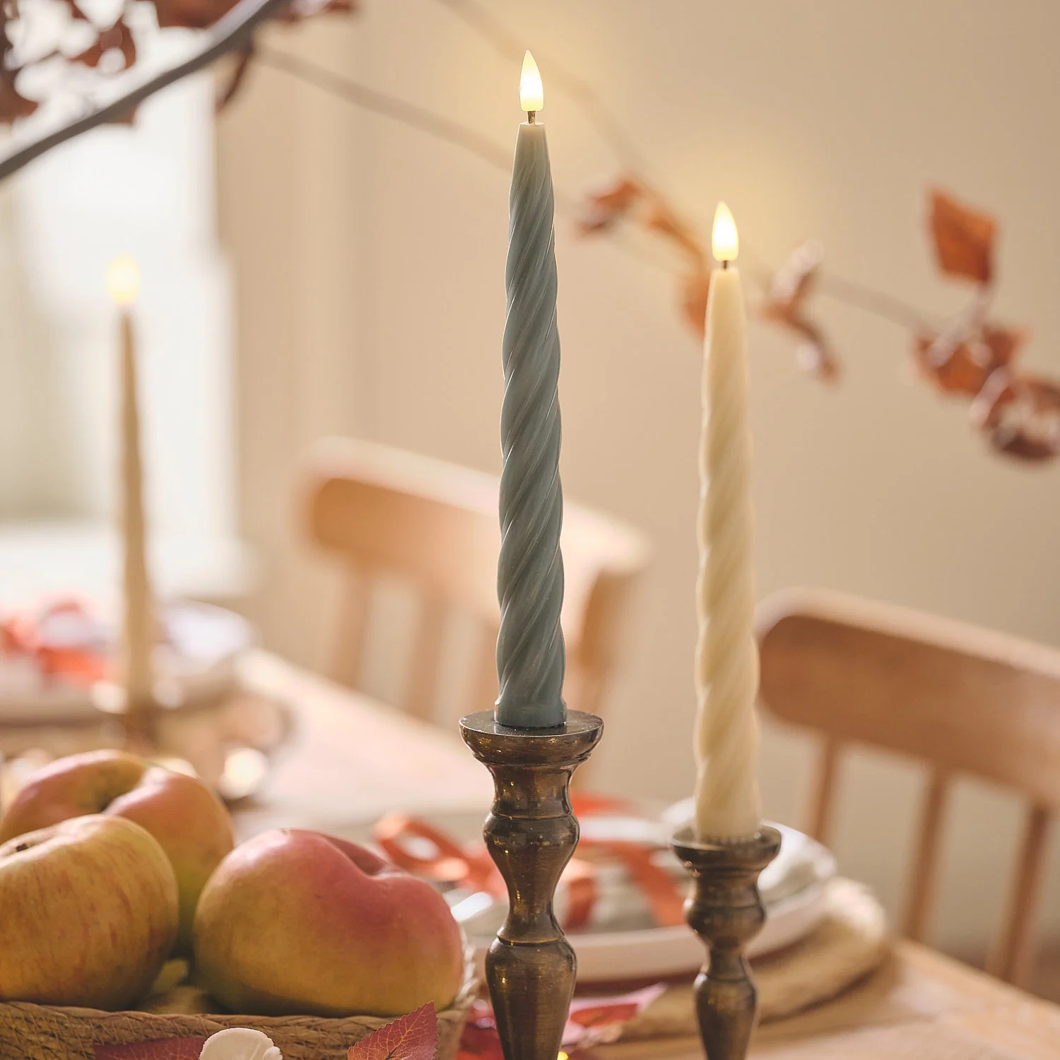 4 TruGlow® Cream and Dark Green Twisted LED Taper Candles with Remote Control - Image 2