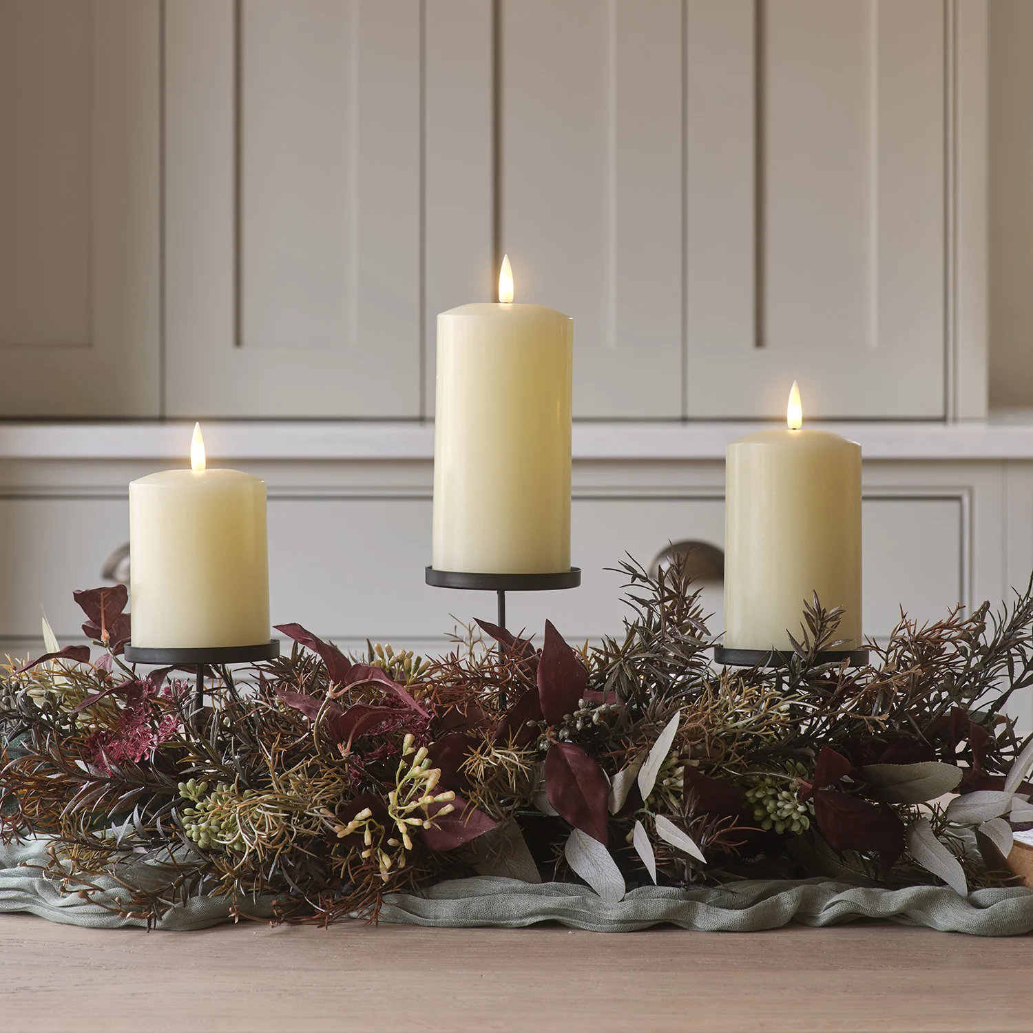 70cm Autumn Winter Trio Candle Holder with TruGlow® Pillar Candles