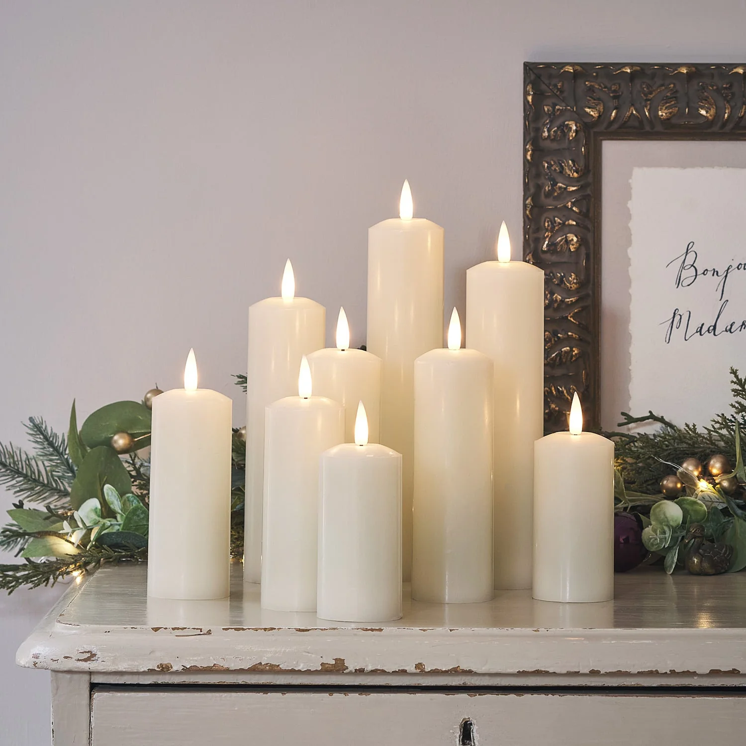 9 TruGlow® Ivory LED Slim Pillar Candles With Remote Control - Image 3