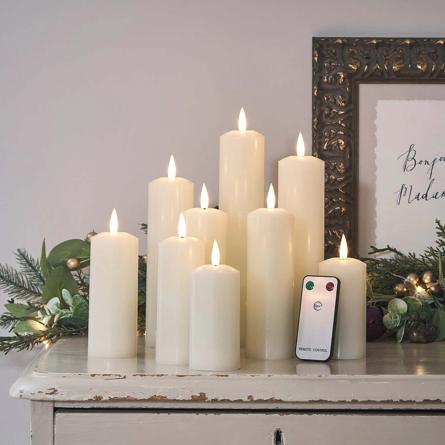 9 TruGlow® Ivory LED Slim Pillar Candles With Remote Control - Image 4