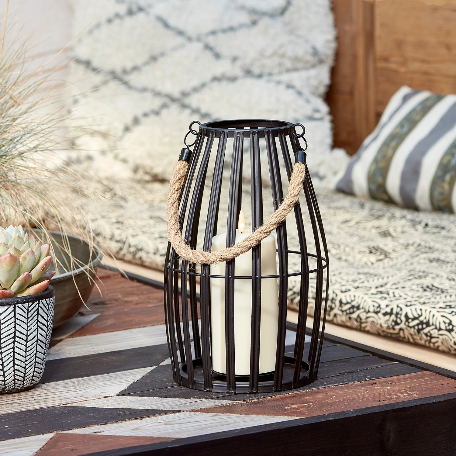 Canberra Large Slatted Outdoor Lantern with TruGlow® Candle and Remote Control - Image 4