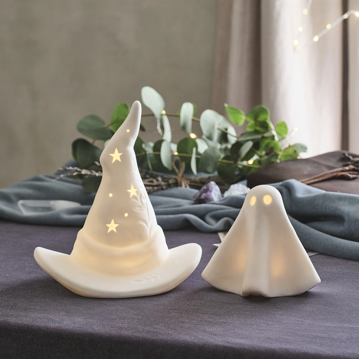 Gerald the Ghost & Witches Hat Porcelain LED Halloween Decorations