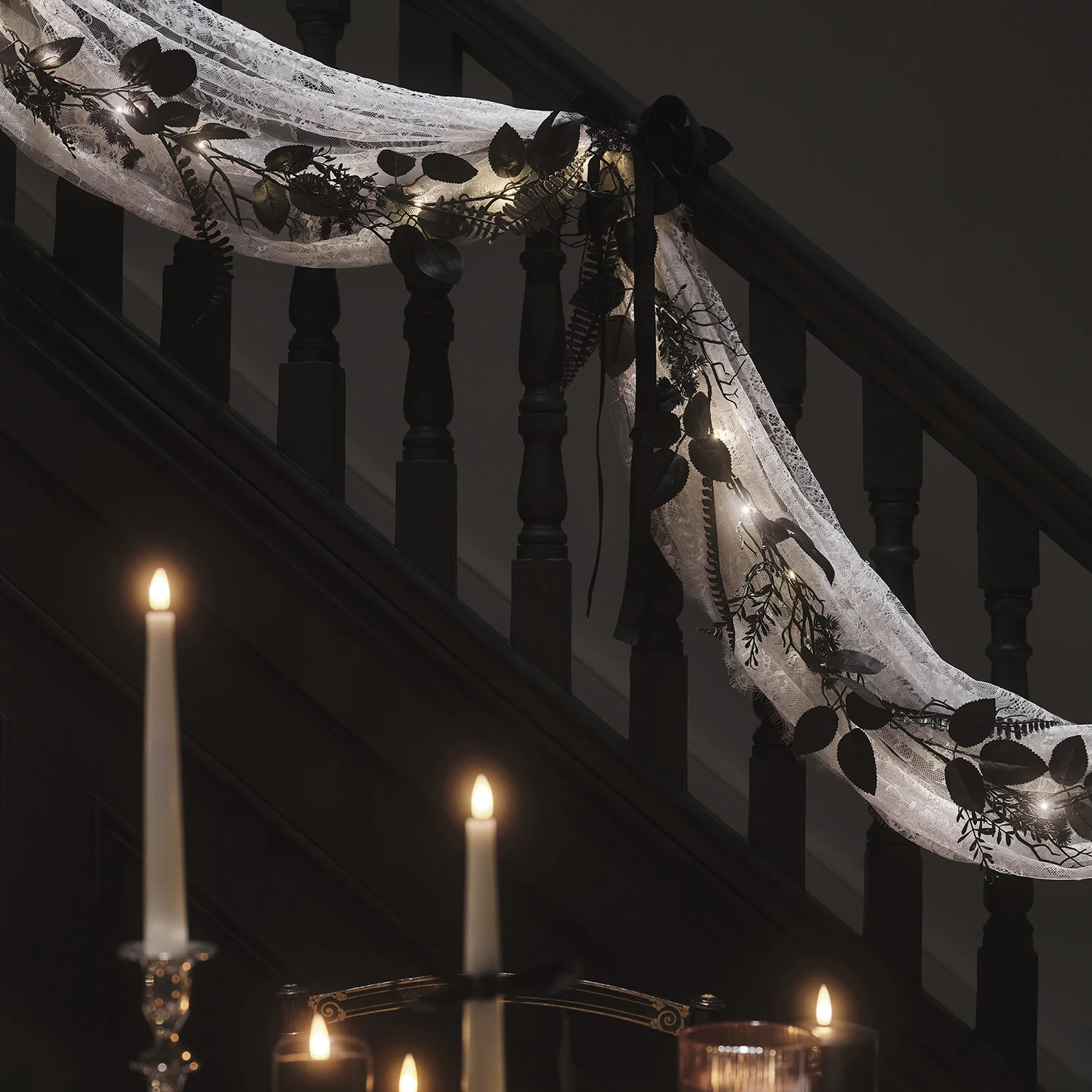Pre Lit Black Foliage Halloween Wreath & Garland - Image 5