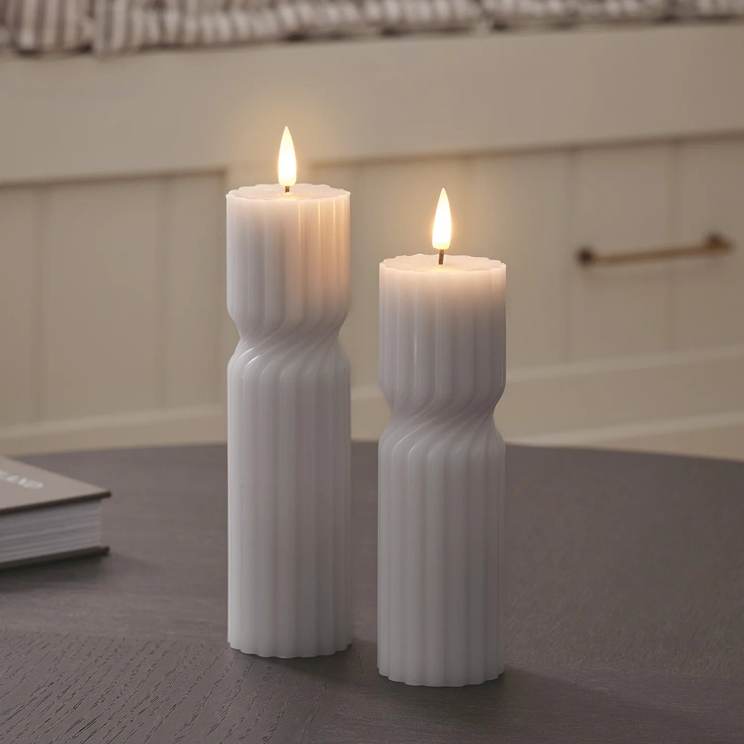 TruGlow® Grey Twist LED Pillar Candle Duo with Remote Control