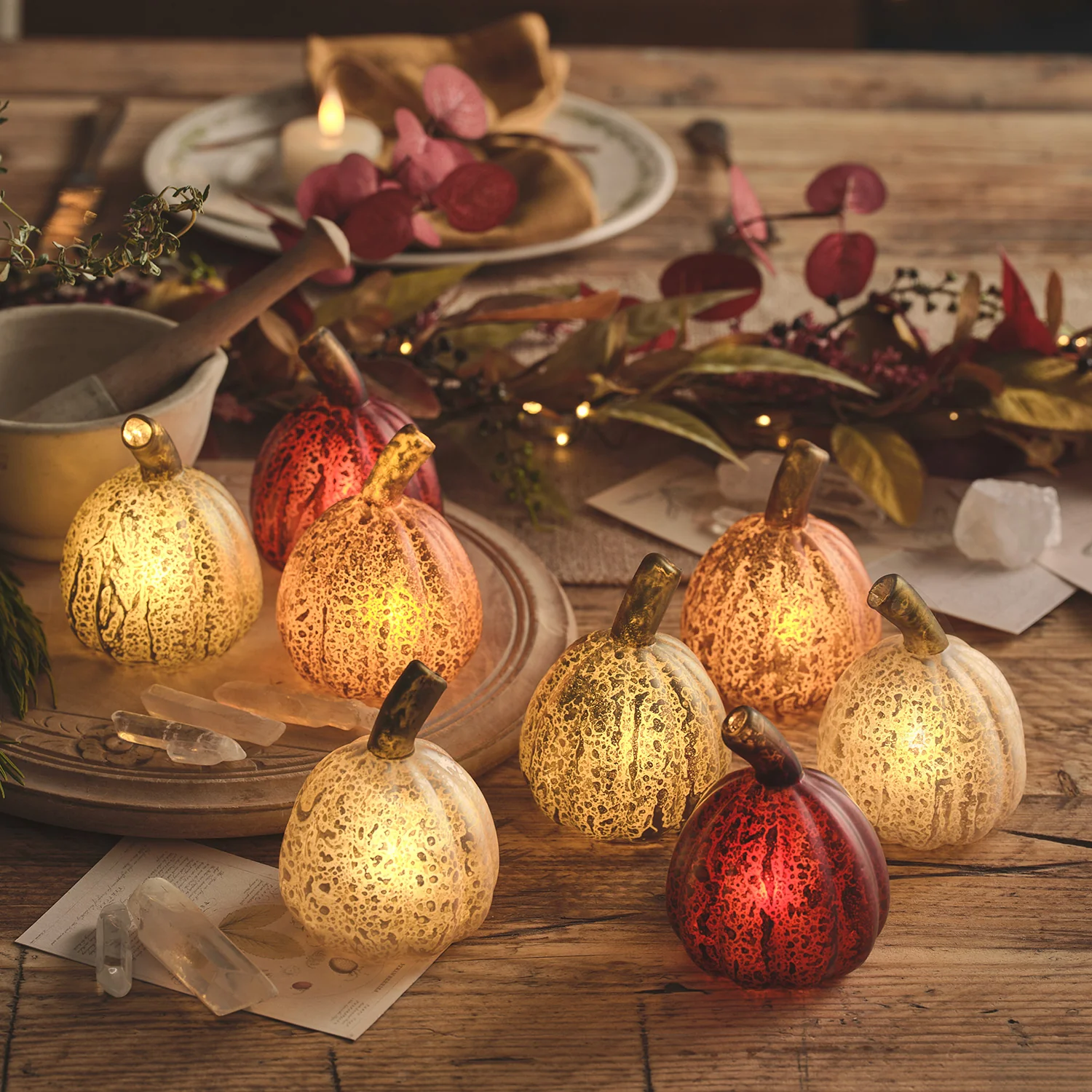 Set of 8 Mini Glass Light Up Pumpkin Decorations