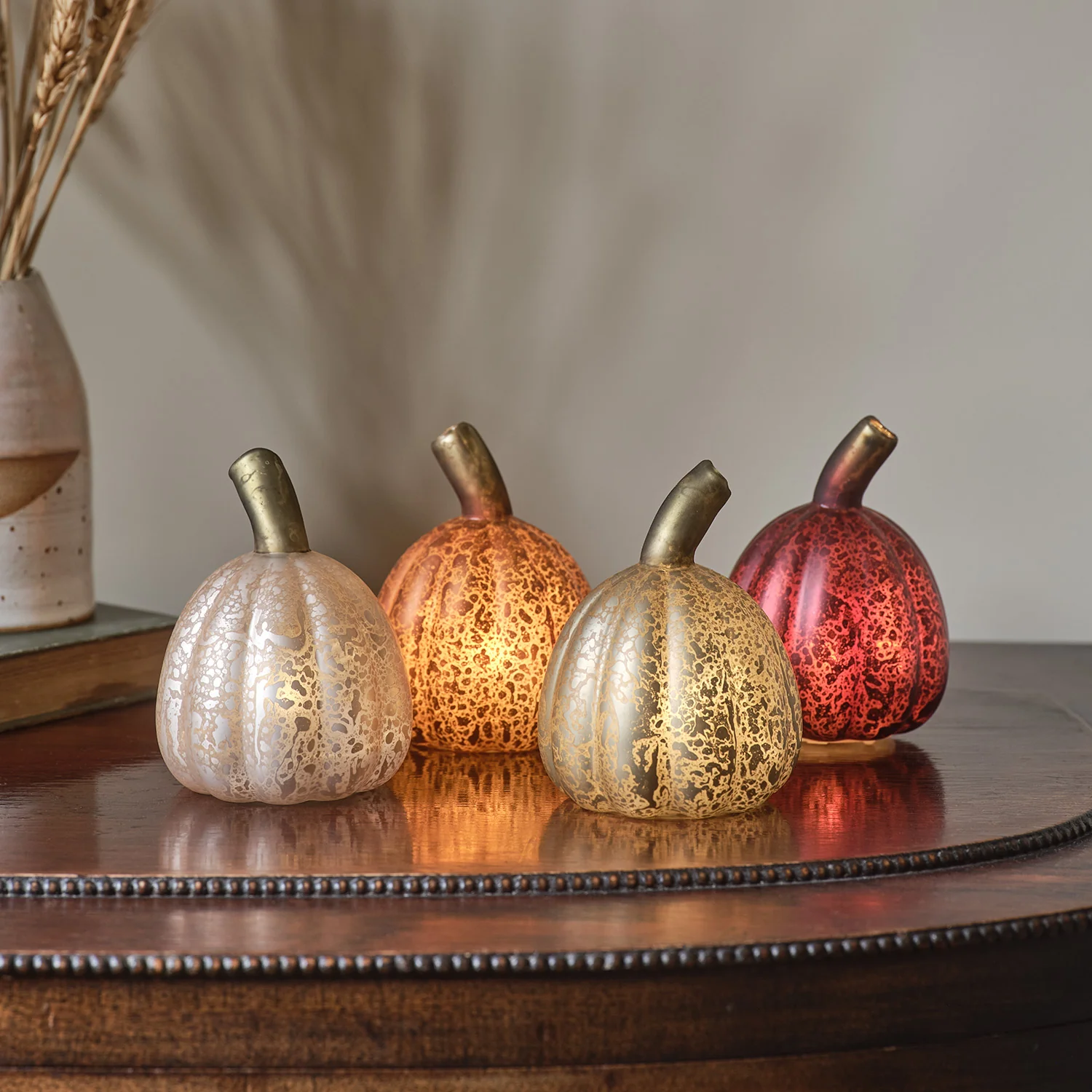 Set of 8 Mini Glass Light Up Pumpkin Decorations - Image 2