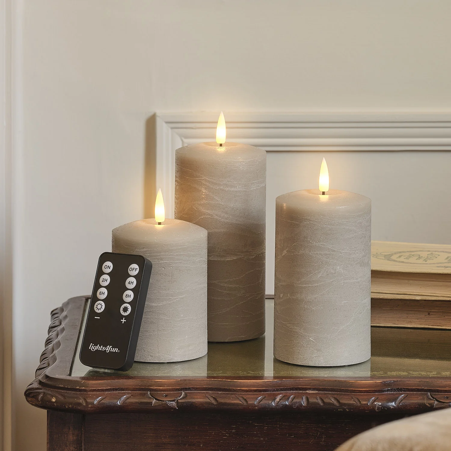 TruGlow® Taupe Distressed LED Pillar Candle Trio with Remote Control - Image 2