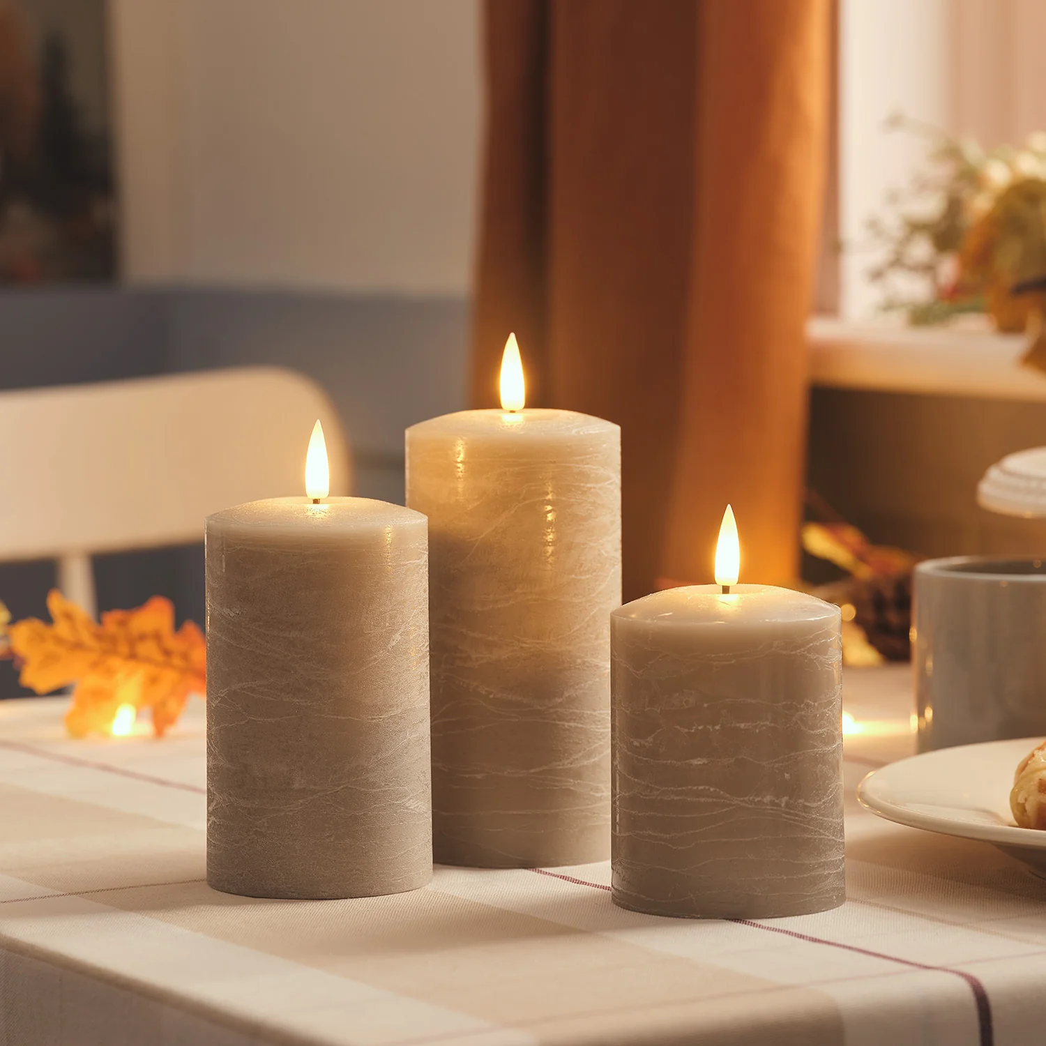 TruGlow® Taupe Distressed LED Pillar Candle Trio with Remote Control - Image 7