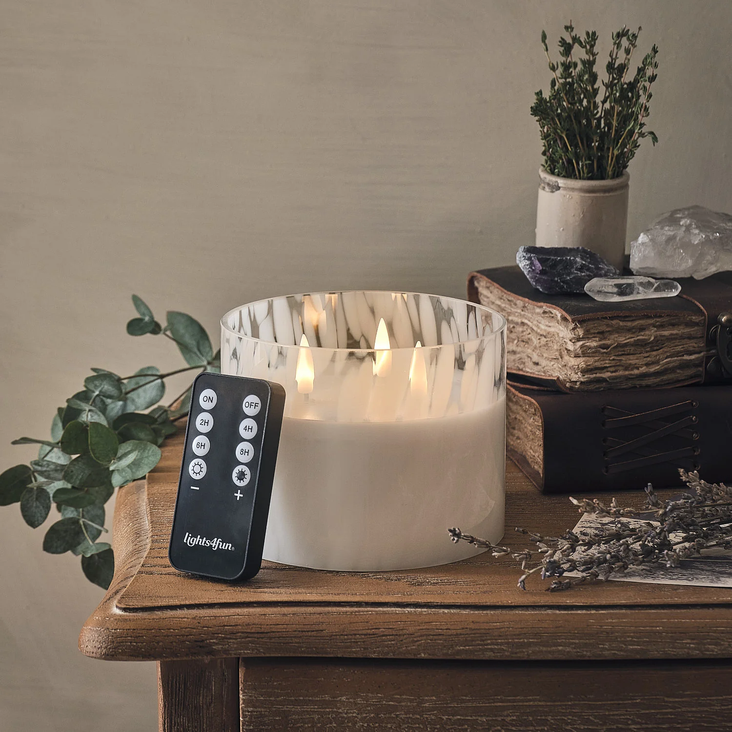 TruGlow® White Confetti Glass 3 Wick LED Candle with Remote Control - Image 3