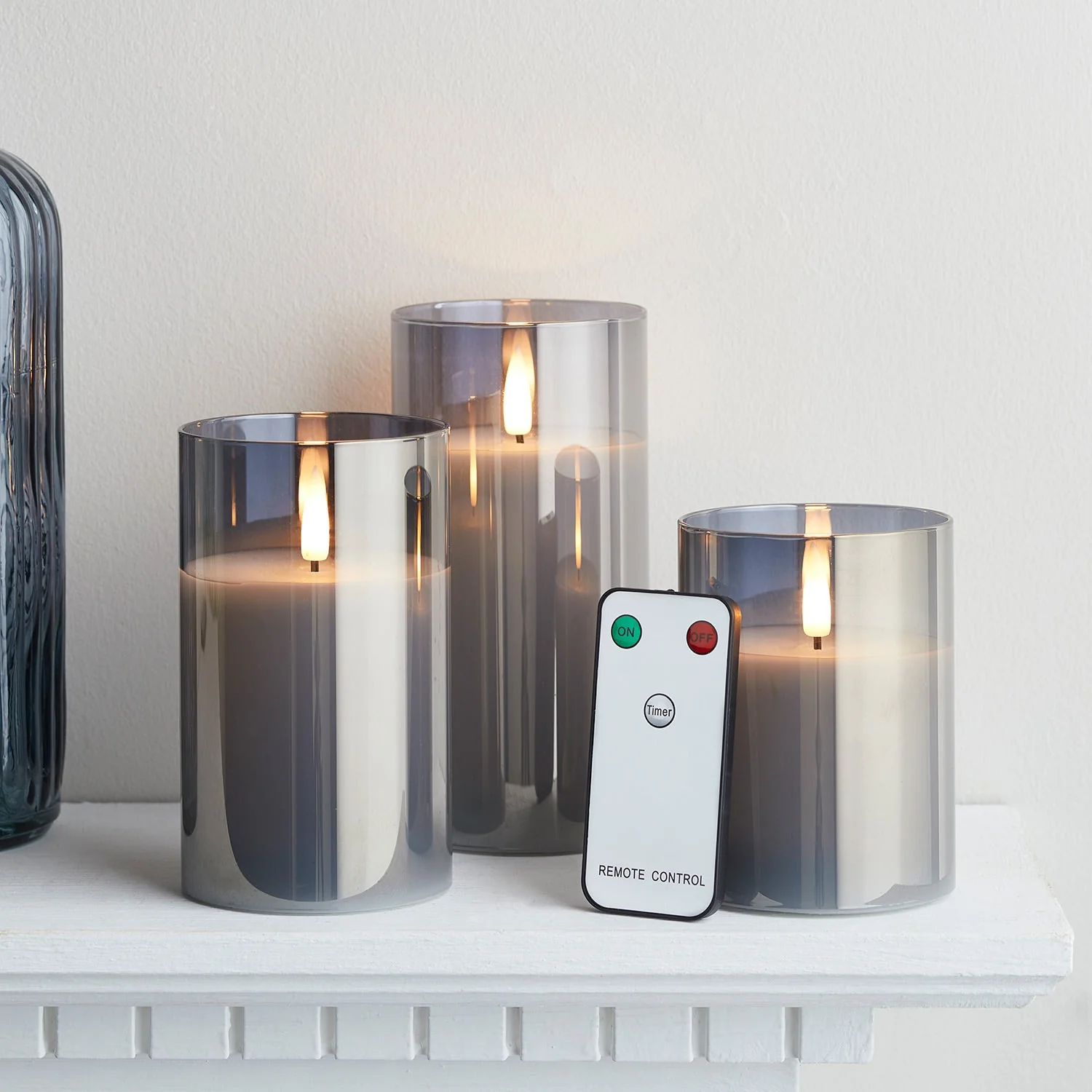 TruGlow® Smoked Grey LED Glass Candle Trio With Remote Control - Image 2