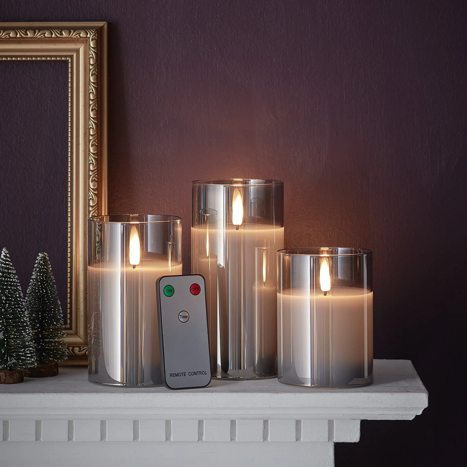 TruGlow® Smoked Grey LED Glass Candle Trio With Remote Control - Image 3