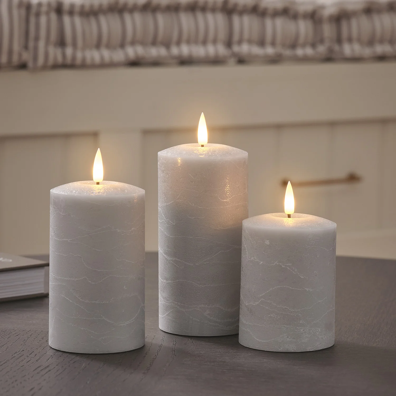 TruGlow® Grey Distressed LED Pillar Candle Trio with Remote Control - Image 5